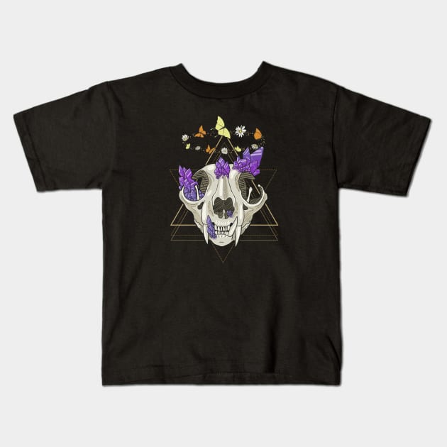 Cat Skull with Crystals, Butterflies, and Geometric Accents on Black Kids T-Shirt by KMogenArt